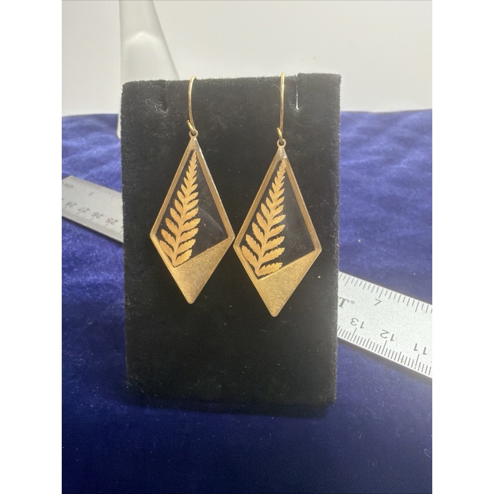 VTG Fern Flower Earrings Brass Tone Triangle Resin Encased Pierced Dangle